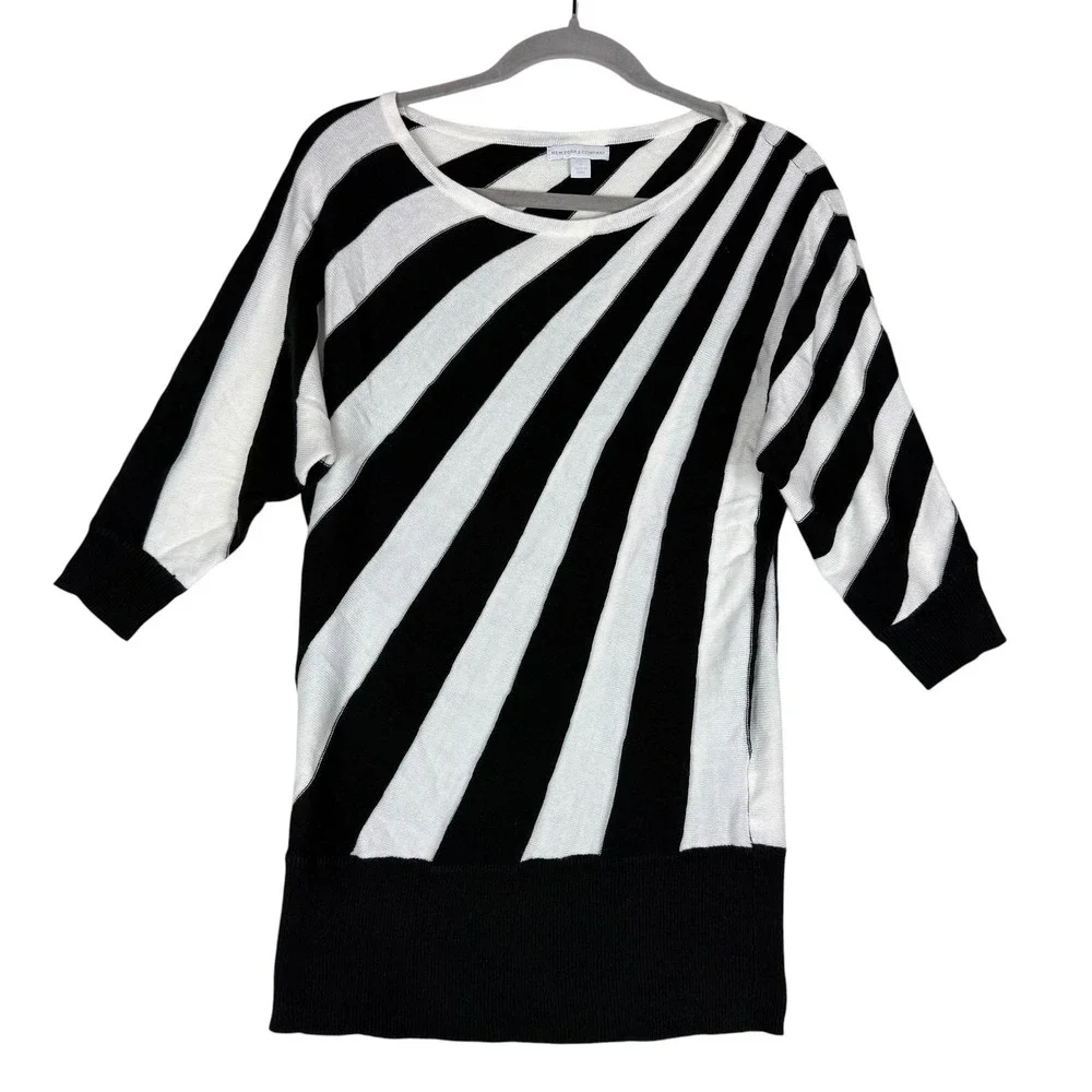 New York & Company Sweater Womens Medium Black Stripe Tunic 3/4 Sleeve Dolman